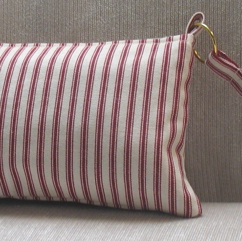 Red ticking stripe wristlet with starry blue satin lining