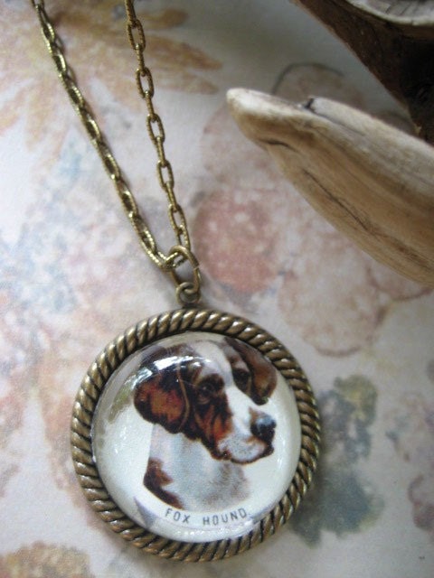 The littlest Fox Hound antique engraving pet lovers cameo necklace in brass Steampunk