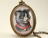 Fancy Feline antique pet cat Victorian animal engraving brass pendant necklace Victorian Steampunk