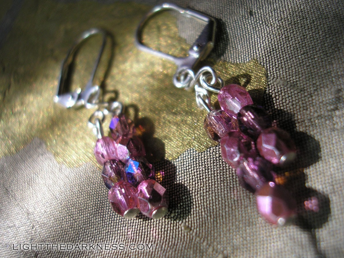 Shiny Pink and Sparkly Purple Amethyst Beads and Silver Dangle Earrings