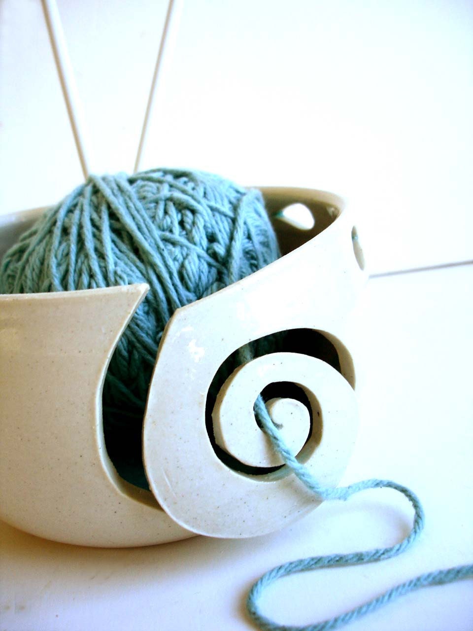Aqua In White Wheel Thrown Yarn Bowl - MADE TO ORDER