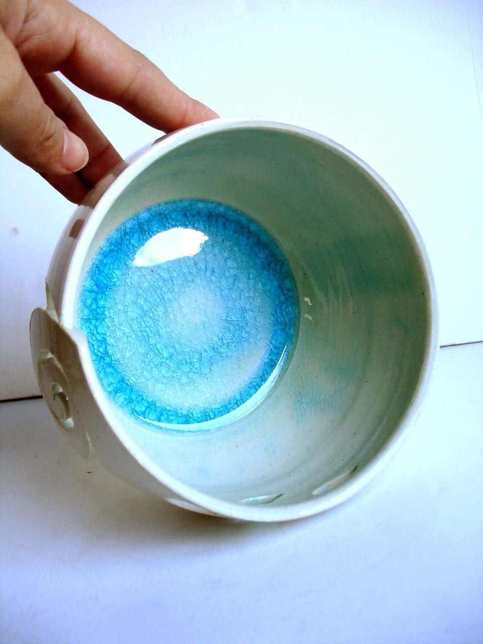 Aqua In White Wheel Thrown Yarn Bowl - MADE TO ORDER