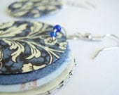 Paper Moon Earrings, Drop Circle Book Earrings in Blue Florentine Paper