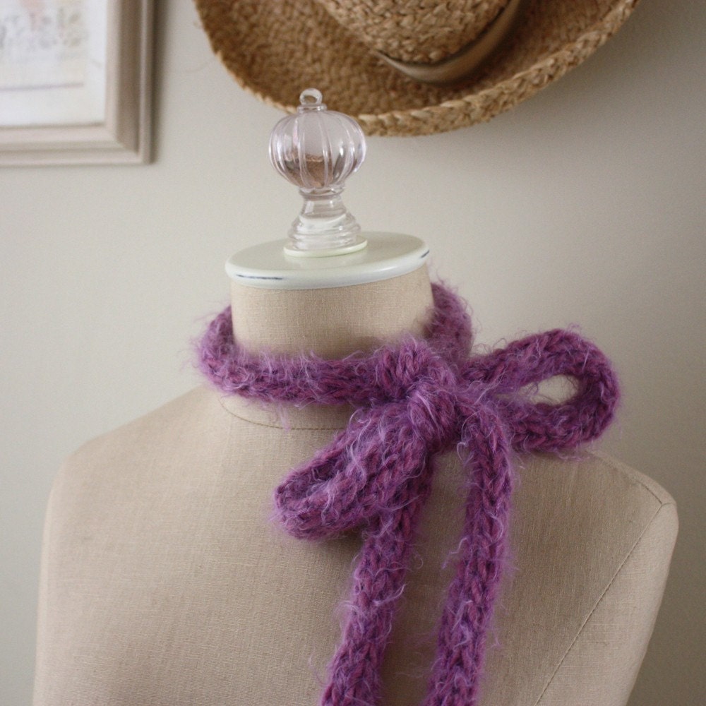 Hand Knit Scarf / Mulberry Soft Plum / Neckbow Lariat / Soft Fuzzy Faux Cashmerea