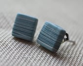 Earrings / Sky Blue White Shimmery Stripe Square Studs Stud / Handmade Polymer Clay Jewelry Jewellery