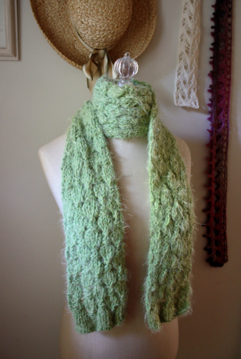 Hand Knit Scarf / Pale Green Sage Mint Celery / Textured Lace Super Soft Fuzzy / Faux Cashmere