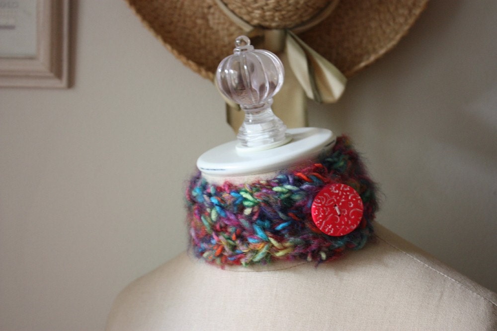 Hand Knit Neck Cuff / Neon Bright Rainbow Colors / Soft Fuzzy Faux Cashmere