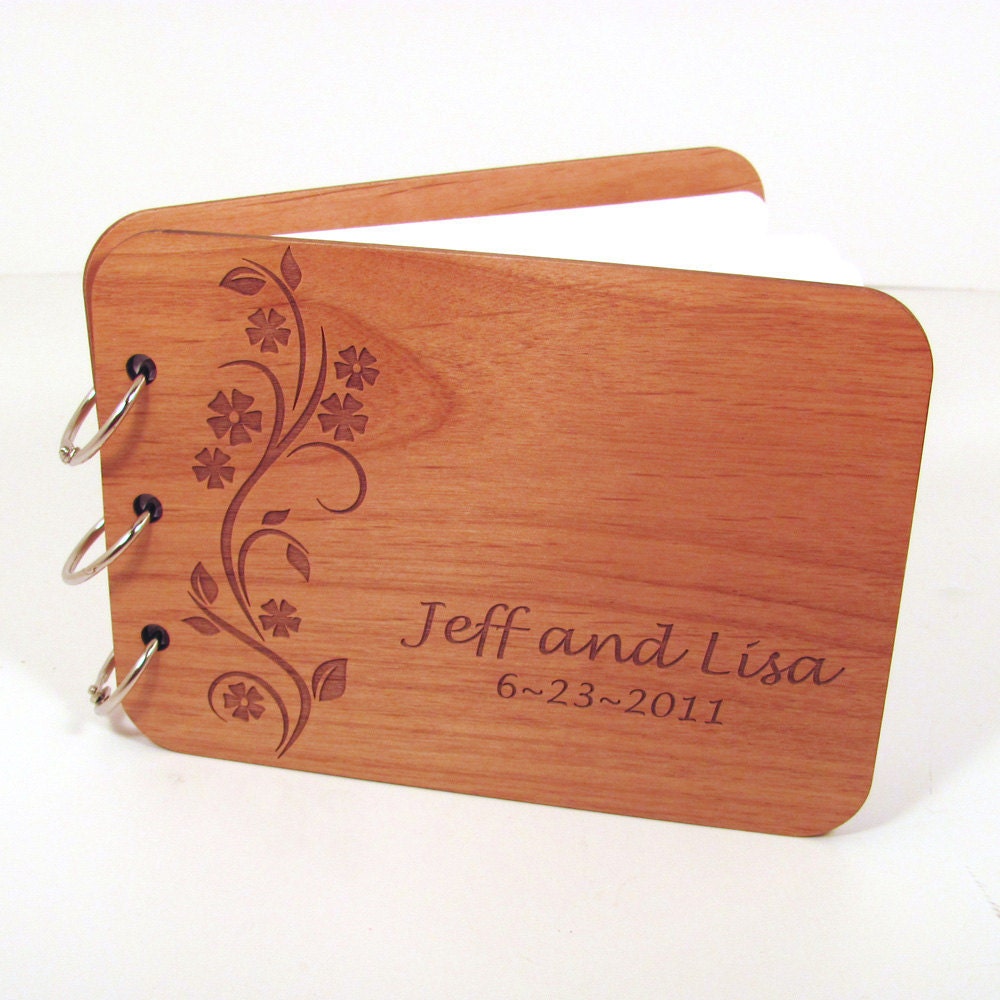 Real Wood Guest Book Photo Album for Weddings and Special Events - Whimsical Floral Design