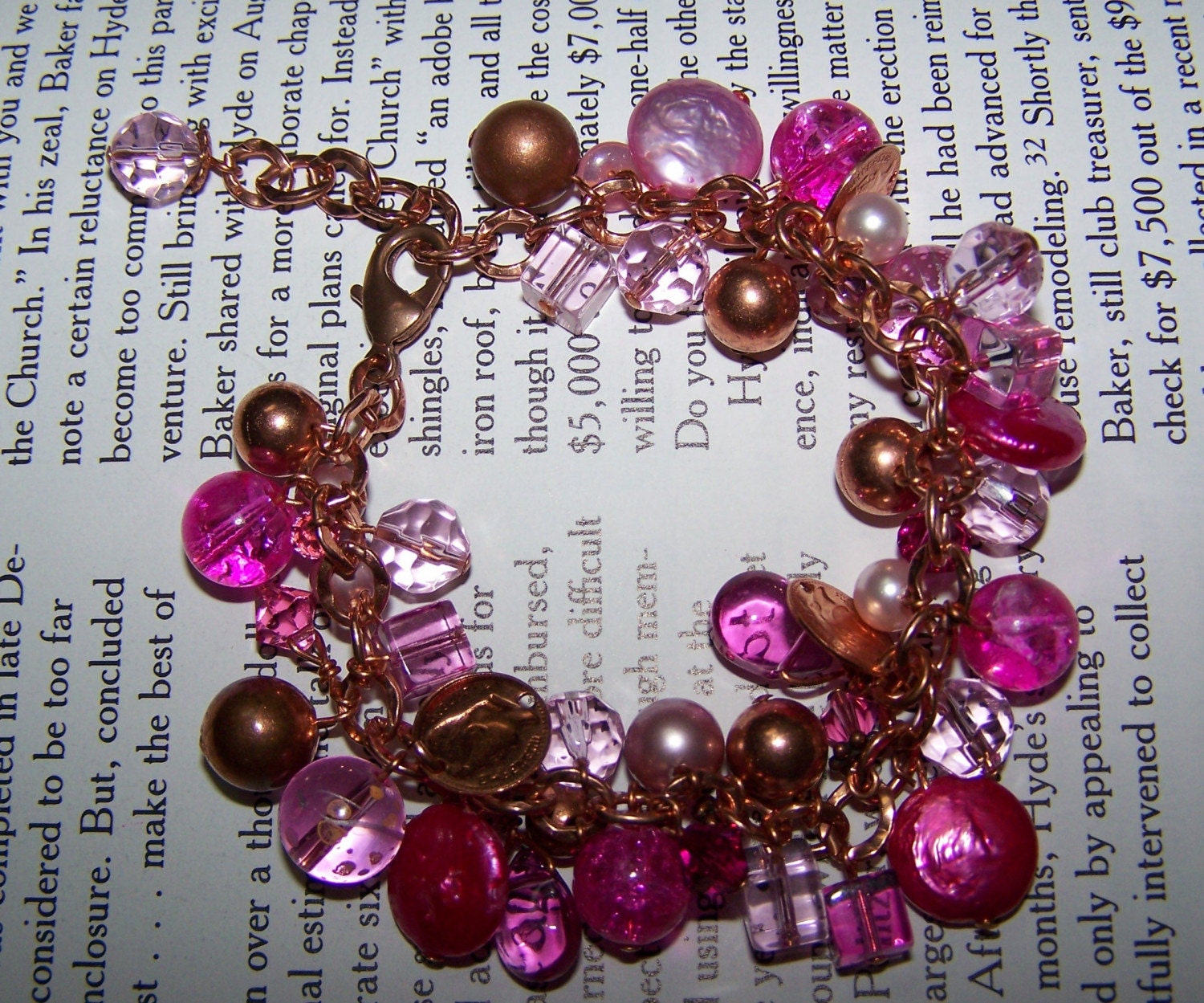 Fuschia Pink Crystal, Pearl and Copper Beaded Cha Cha Bracelet, Charm Bracelet,  Free Shipping