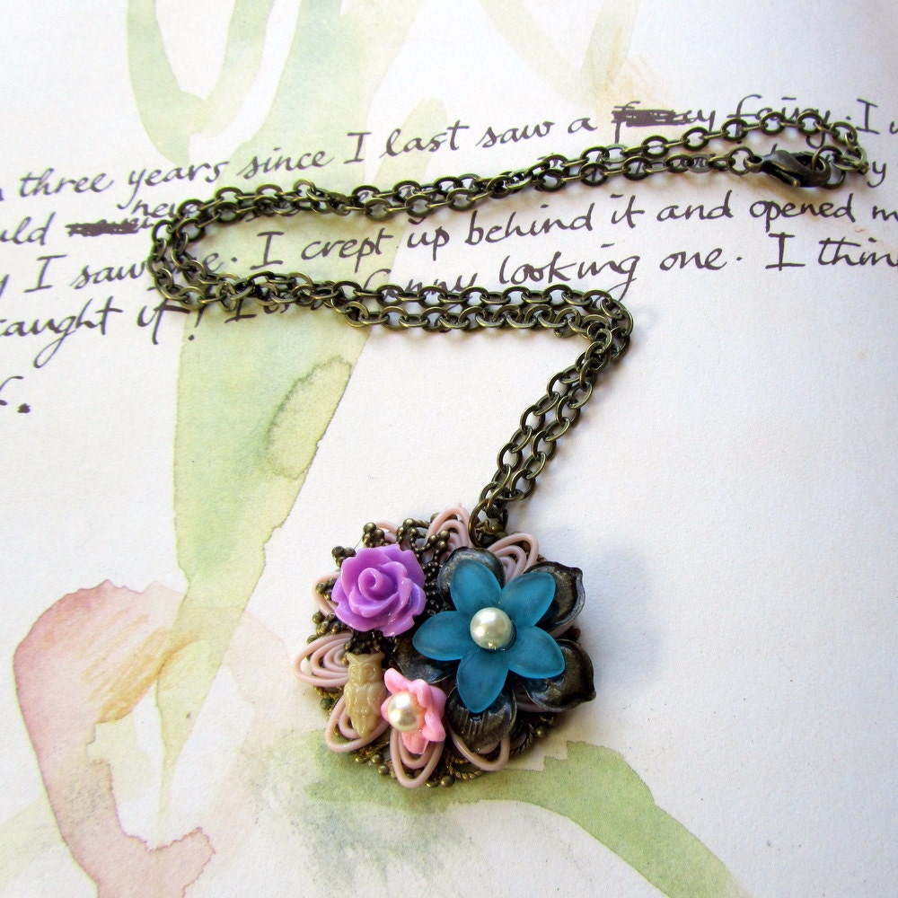 Floral Collage Pendant,   Unique Necklace,  Bohemian Jewelry with Owl