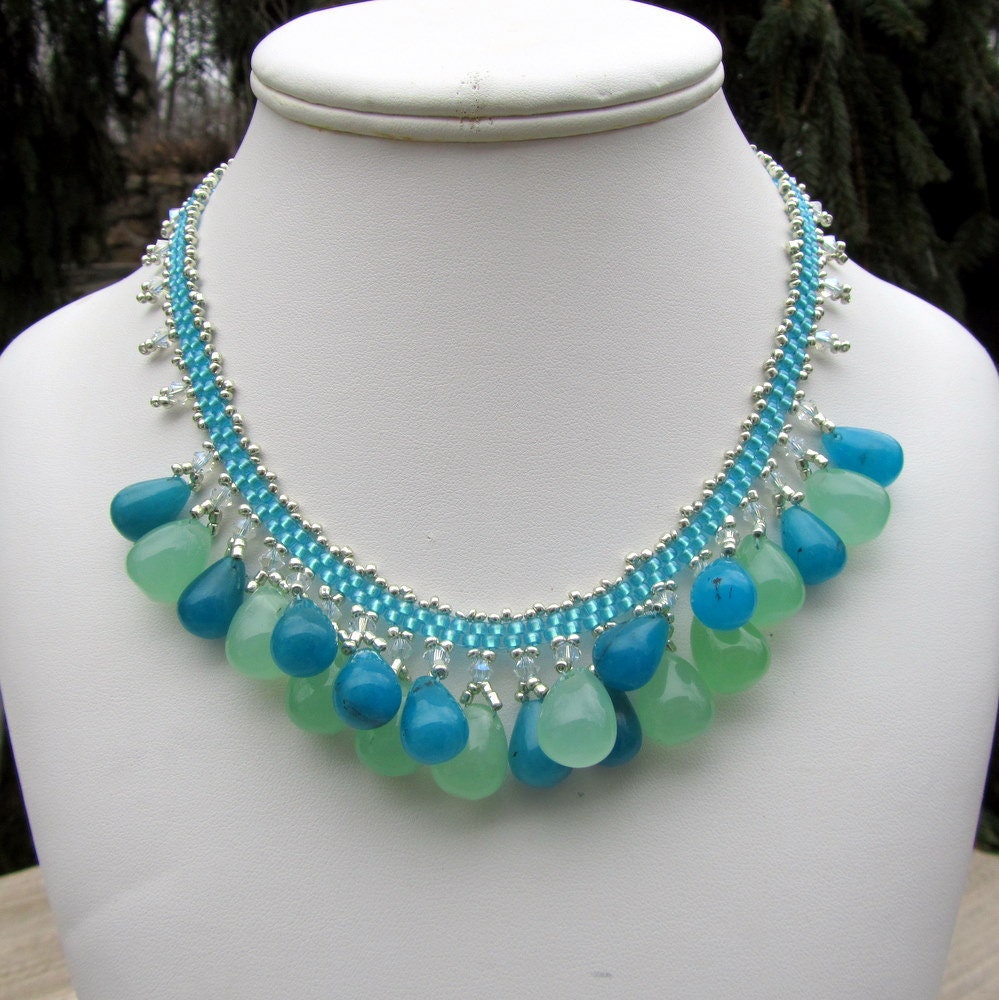 Blue Green Statement Necklace,  Bib Necklace with Gemstones, Seed Bead Jewelry