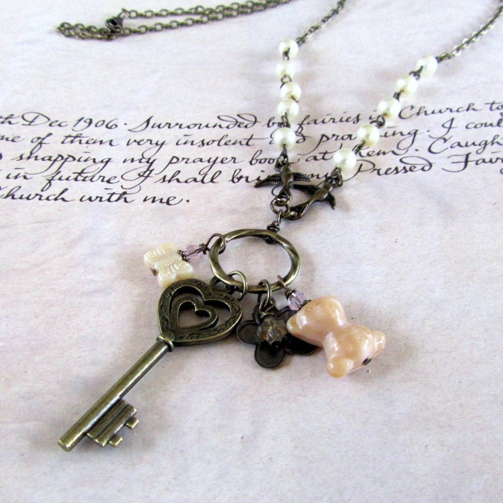 Long  Charm Necklace,  Skeleton Key Necklace with Teddy Bear, Butterfly,  Flower, Unique Jewelry
