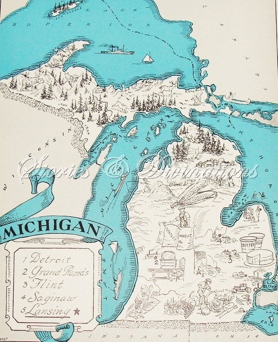Michigan - Vintage Maps - 1930s Michigan - Michigania - A Fun and Funky Vintage Picture Map to Frame