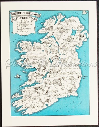 Map of Ireland - Vintage Map of Ireland - Aqua - Cottage Chic - A Fun and Funky Little 1930s Vintage Picture Map of Ireland to Frame