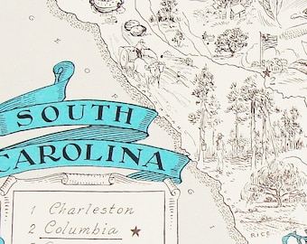 Vintage South Carolina Map  - A Fun and Funky Little Vintage Picture Map to Frame - Original