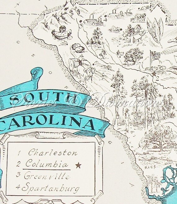 RESERVED - 1930s  - South Carolina - A Fun and Funky Little Vintage Picture Map to Frame