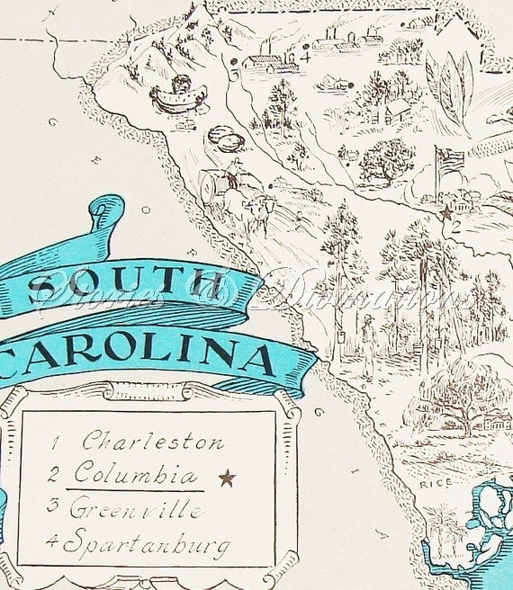 South Carolina - Vintage Map of South Carolina - Cottage Chic - Aqua - A Fun and Funky 1930s Vintage Picture Map to Frame