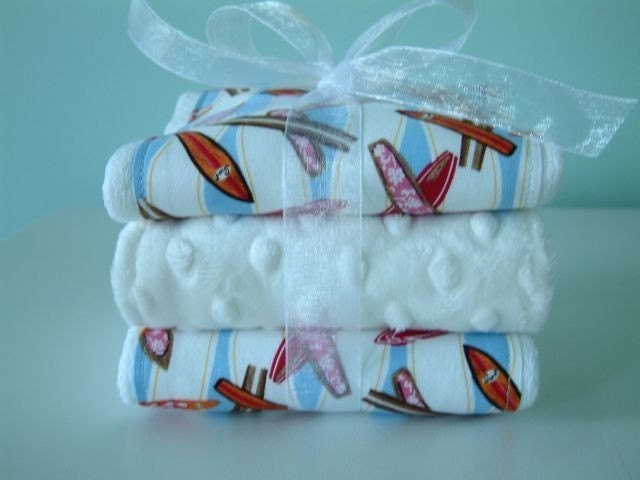 SURF THE WAVE and White Minky Dots Burp Cloth Bundle of Three