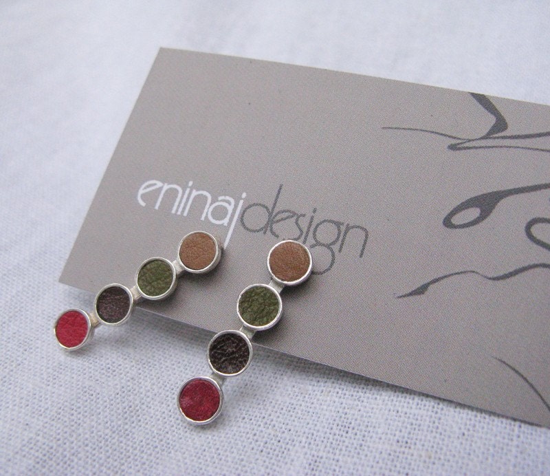 Earrings, Sterling Silver - colored leather circles - Red, Yellow, Black , Ocre