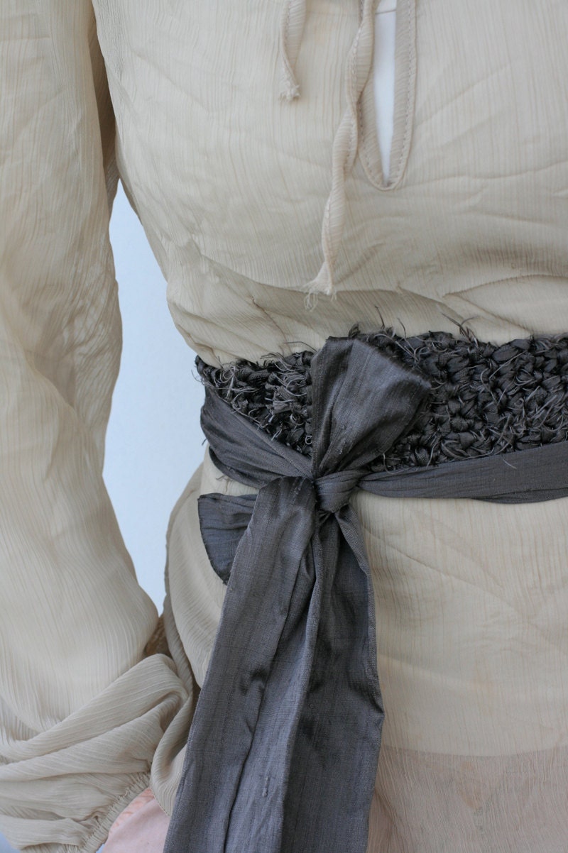 Silver Raw Silk Handmade Crocheted Sash - OOAK
