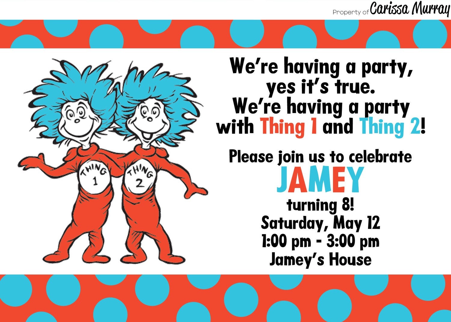 Custom Printable Dr Seuss Thing 1 & Thing 2 Birthday Party Invitation