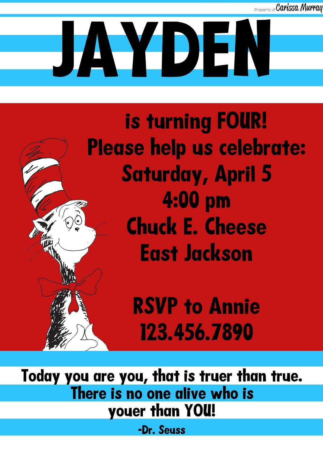 Custom Printable Dr Seuss Thing 1 & Thing 2 Birthday Party Invitation