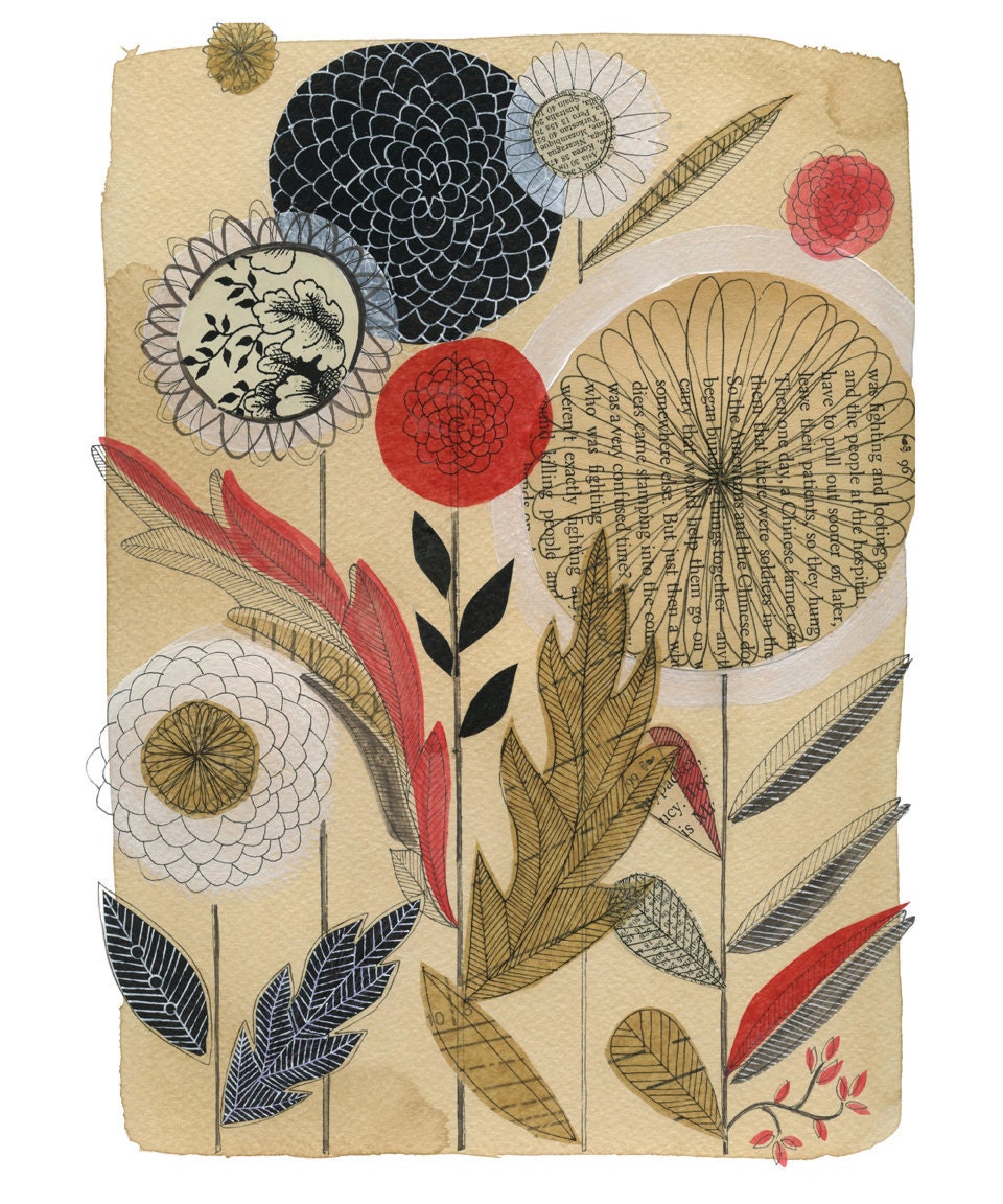 zinnia No.1  - 11x14 GICLEE PRINT, botanical collage, floral, Susan Black