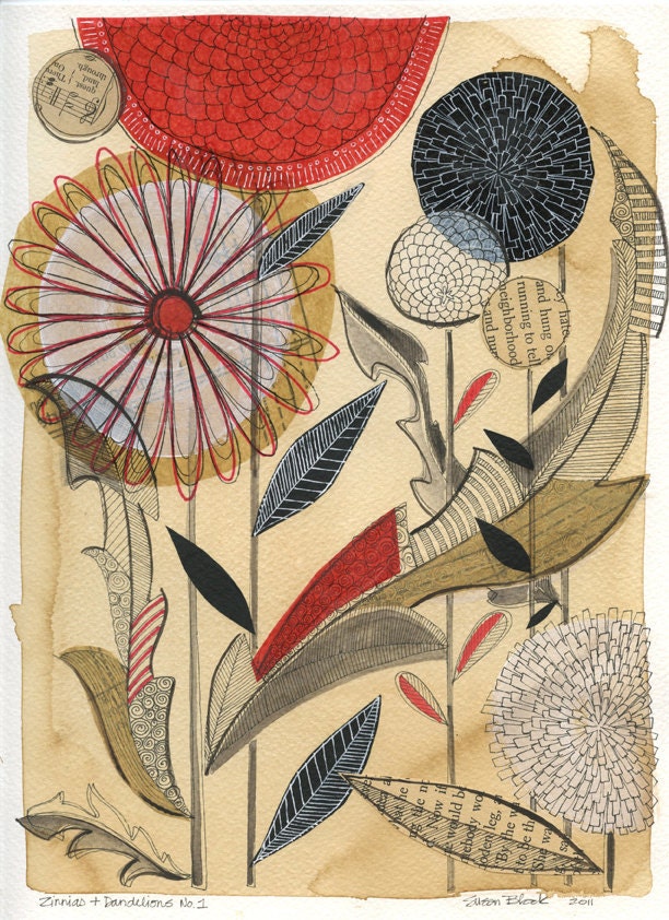 zinnias & dandelions No.1 - 11X14 GICLEE PRINT, botanical collage, Susan Black