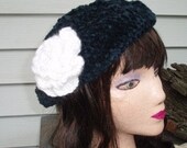 Deep Blue Crocheted Hat with White Flower