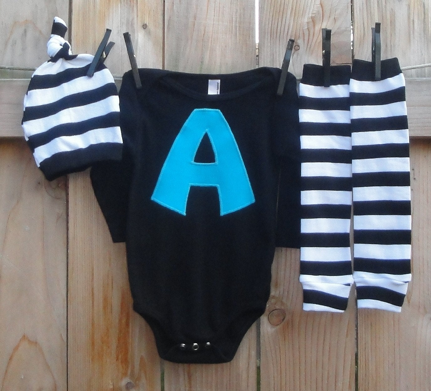 3pc Onesie, Hat, Leg warmer set-You Pick Applique Shape and Color-Black, Red or White-Long or Short sleeve-3/6 to 18/24mos