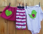 3pc-LOVE BIRD- fuchsia and lime-onesie, skirt and leg warmer set-White or Black-Long or Short sleeve-size 3/6,6/12,12/18 and 18/24mo