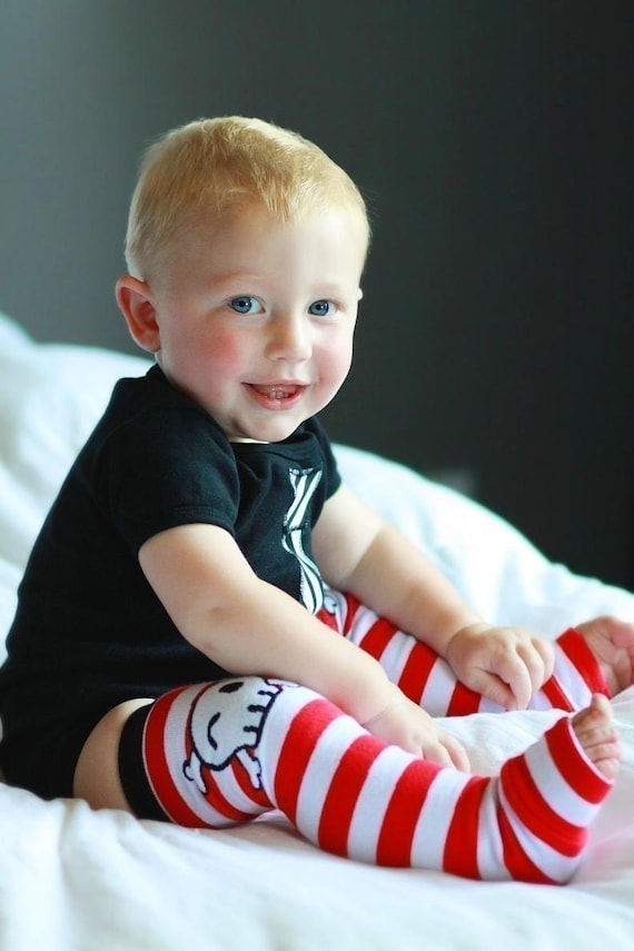 KOOL KID Arm / Leg Warmers for Baby, Toddler, Child, Tween Boy or Girl - Yar Matey - Red White Stripes Skull - Fun and Functional Fashion
