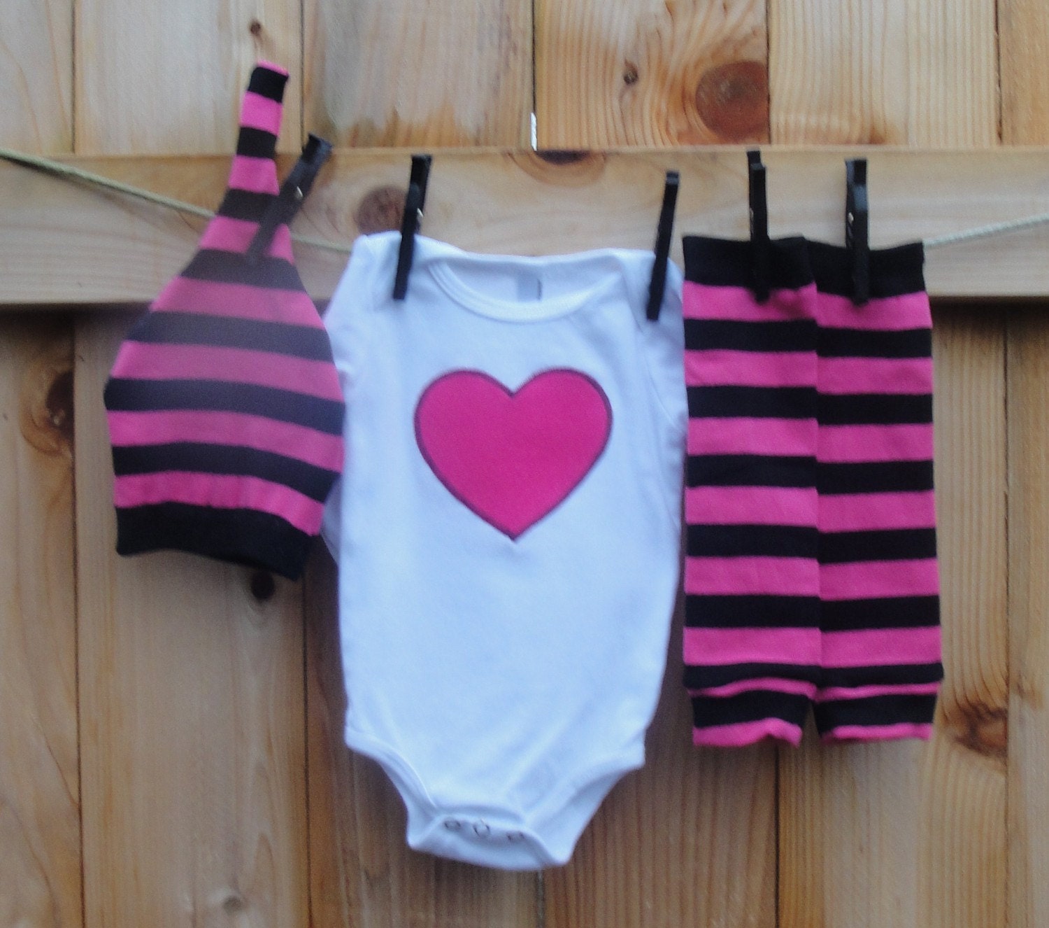 Simply LOVE--3 piece set--pink felt HEART appliqued onesie, hat and leg warmer COMBO-sizes 3/6, 6/12, 12/18 and 18/24mo available