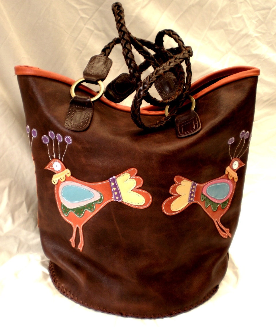 Leather applique basket bag