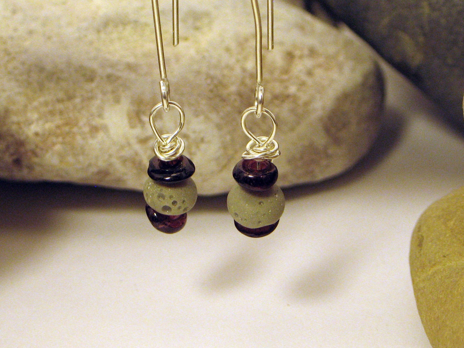 Whaleback Grey Slag Glass and Garnet Sterling Silver Earrings