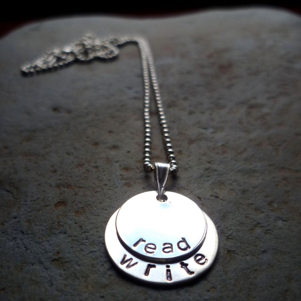 sterling silver necklace handstamped custom personalized read write bibliophile librarian teacher