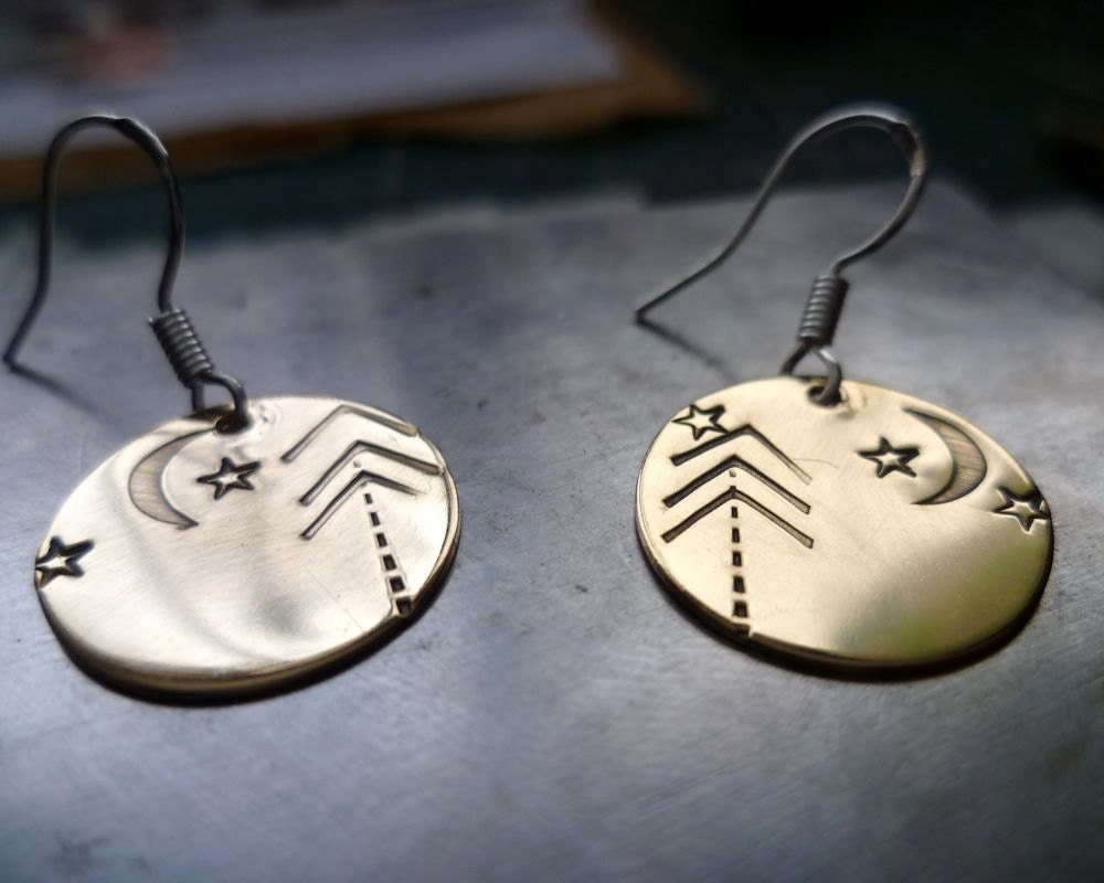 bronze disc pine tree earth moon PINEY WOODS earrings lightweight recycled metal
