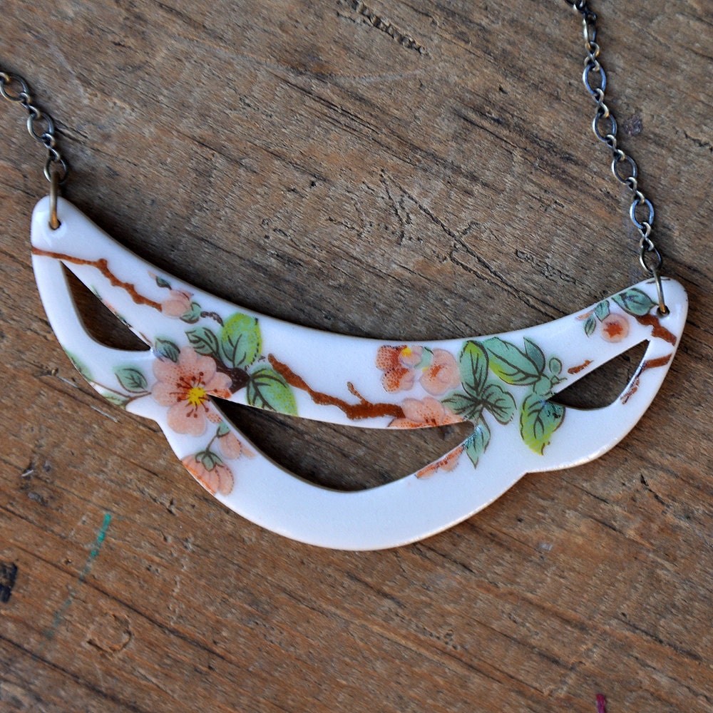 Porcelain Bib Necklace with Pink Orchids