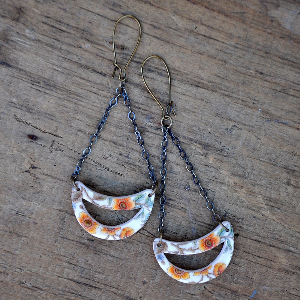 Orange Fall Foliage Teardrop Dangle Earrings