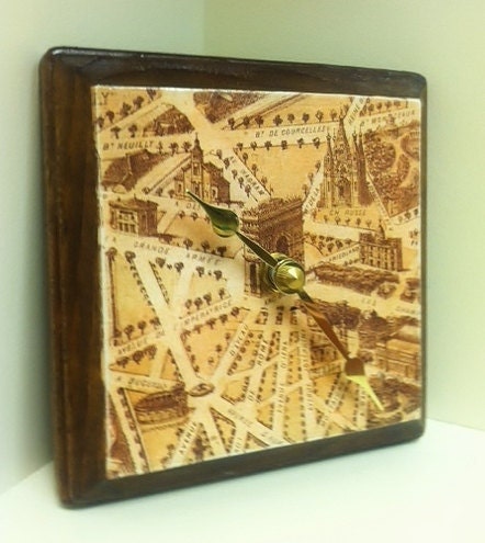 Vintage Sepia Map of Paris France Upcycled Clock by cadencedesigns on etsy