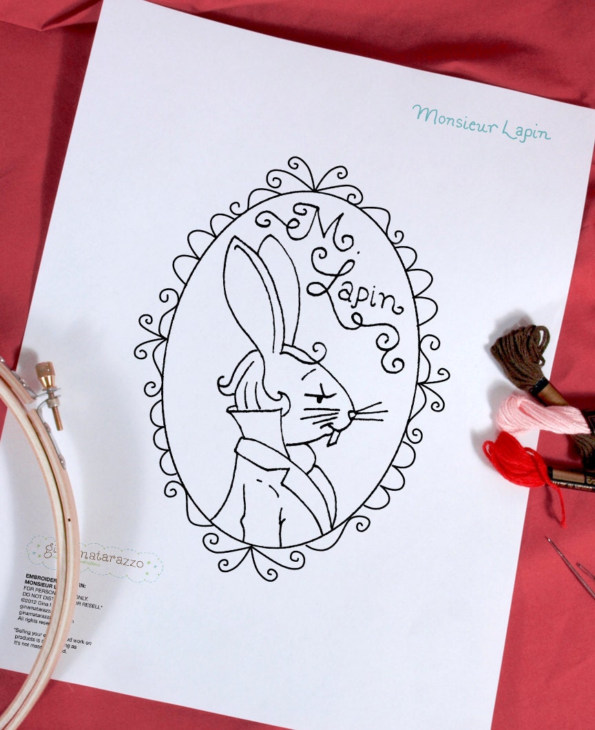 Embroidery Pattern Bunny Rabbit Portrait Monsieur Lapin