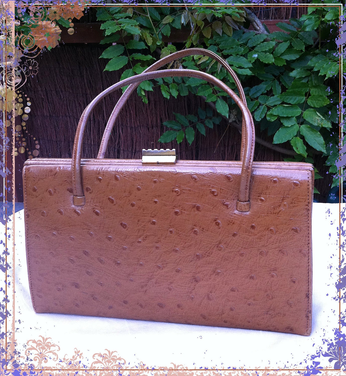 Vintage Freedex Ostrich Tan Leather Beige Retro 1950s - 1960s Classic Kelly Mad Men Handbag made in England