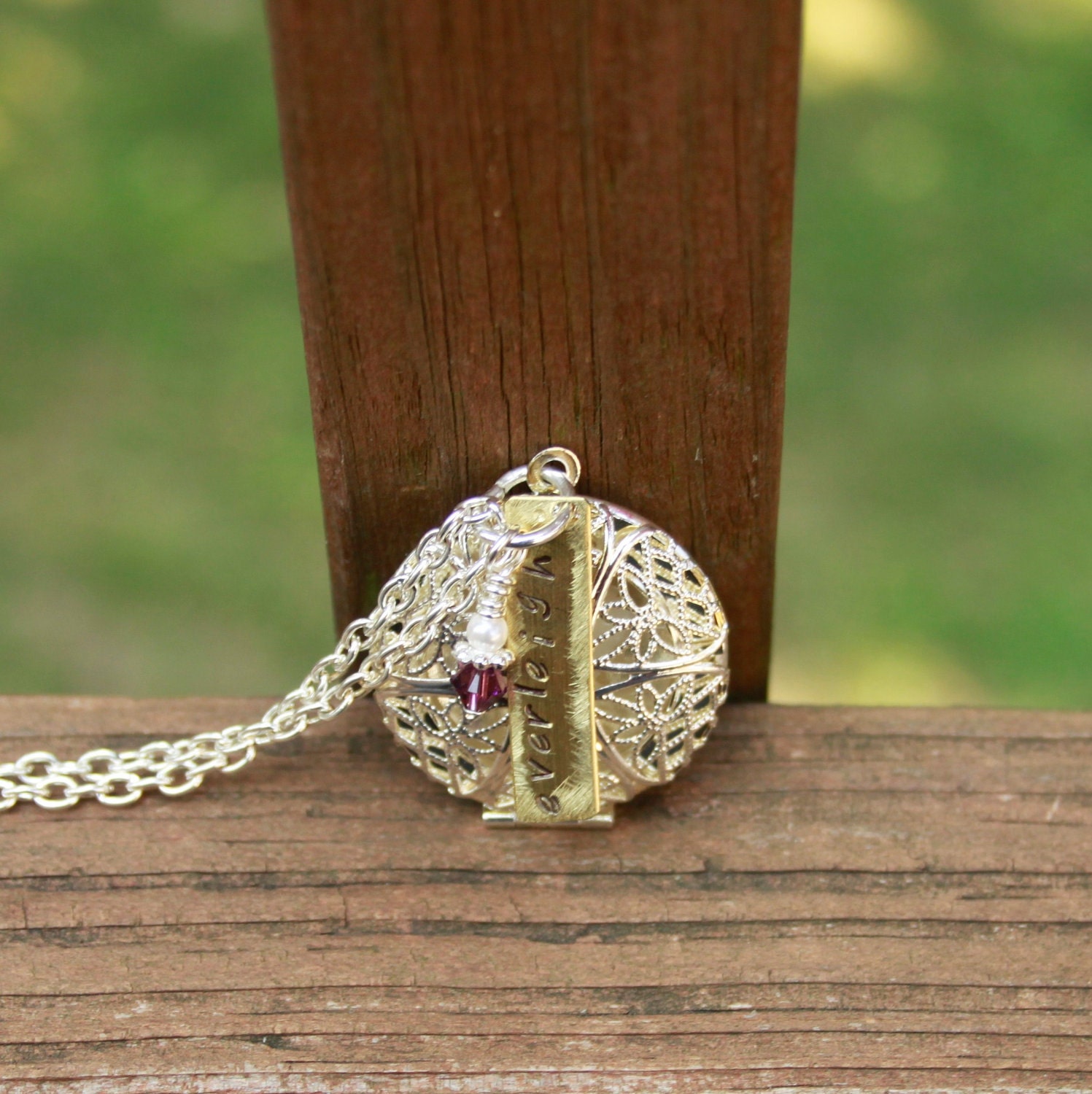Vintage Filigree Locket Milk Pendant with Stamped Tag and Birthstone Charm.