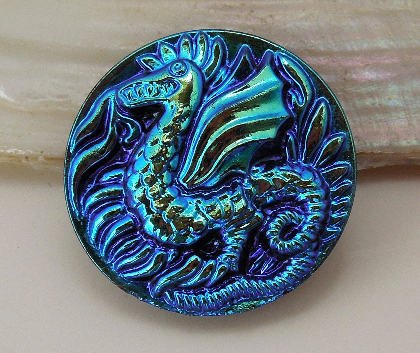 22mm Metallic Blue/Purple/Teal Dragon Czech Glass Button