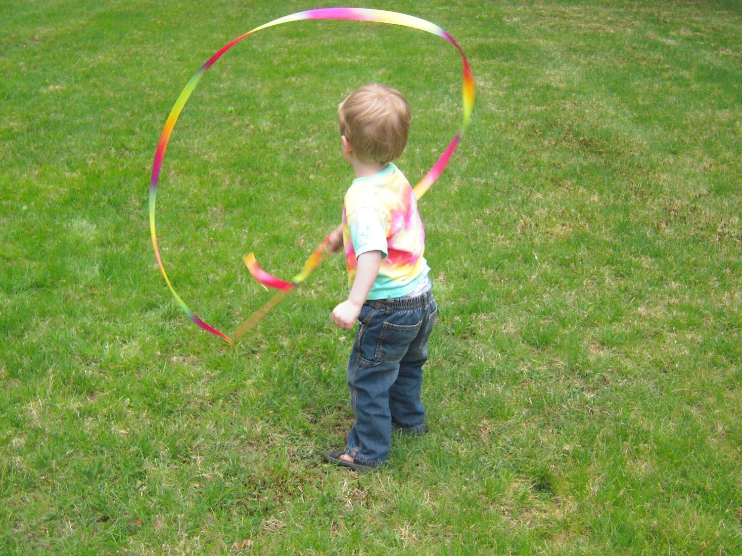 Hand-dyed "plurple" silk ribbon stick wand for children's play, with woodburned personalization