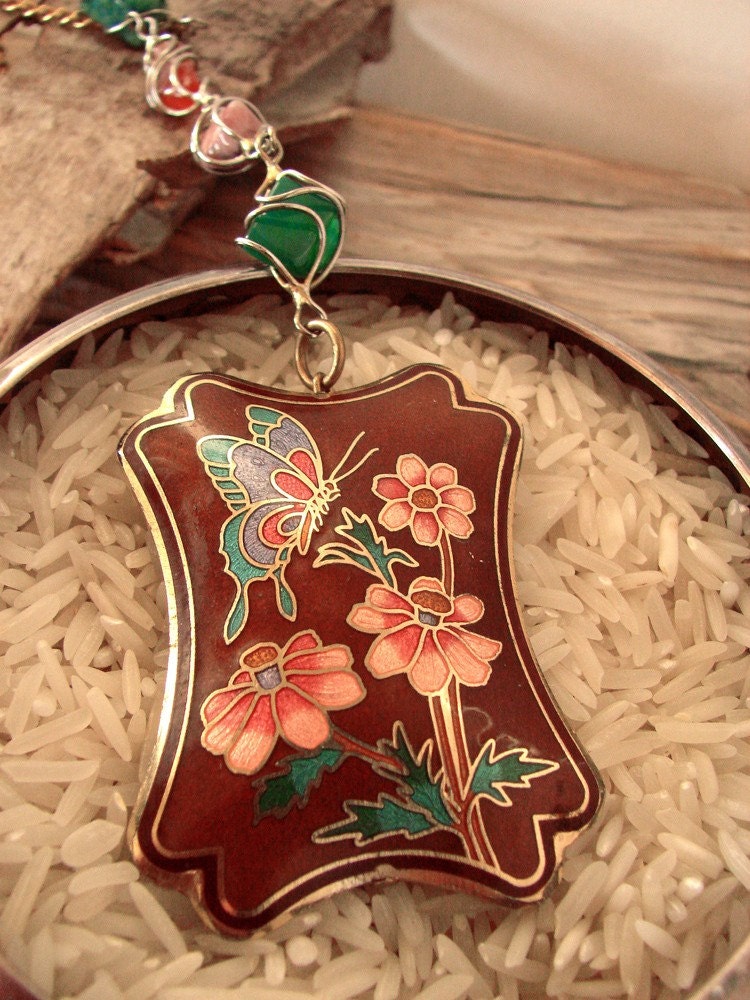 OOAK Vintage Upcycled  Cloisonne Pendant Necklace....Flutterby