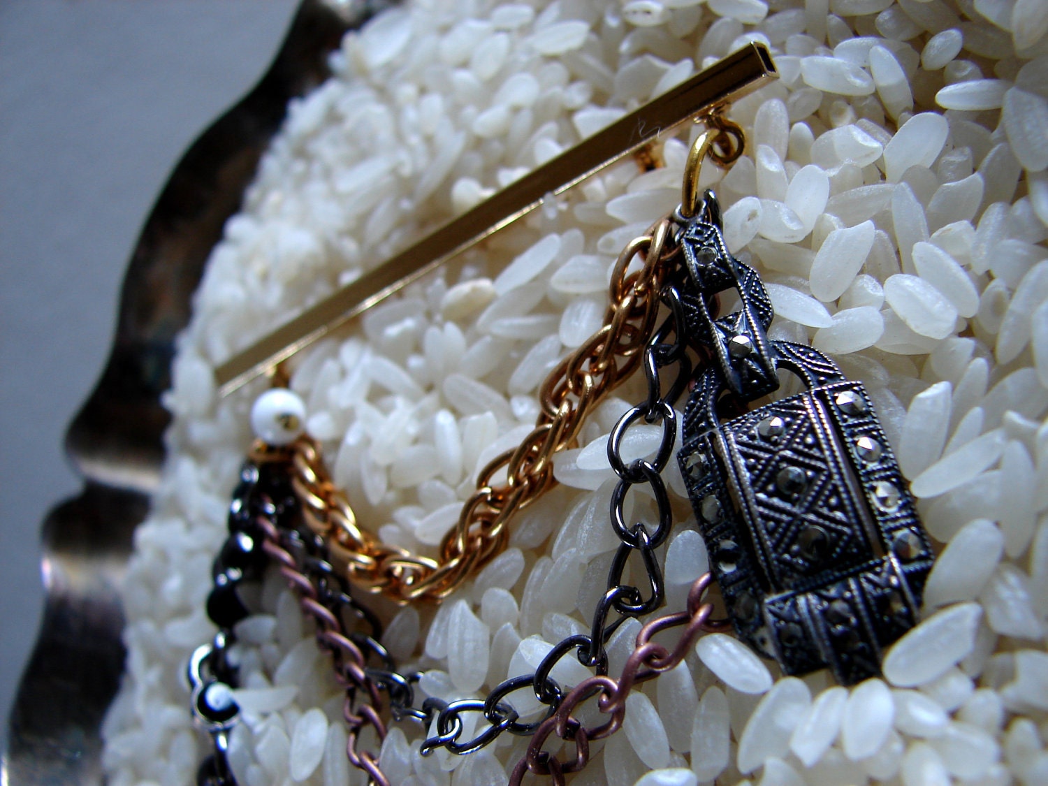 OOAK Multi Chain Asymmetrical Vintage Brooch Pin Copper Brass Gunmetal Vintage Rhinestone Pendant