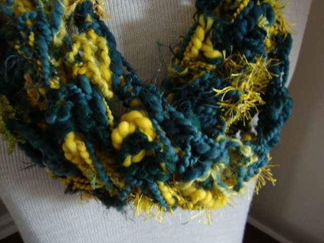 Mobius twist scarf, crocheted cowl, handspun art yarn with suede faux fur accents
