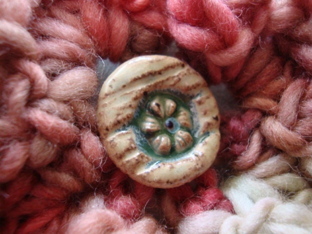 Rose Pink and Beige flower brooch with handmade sandstone pottery button, I Love You Valentine