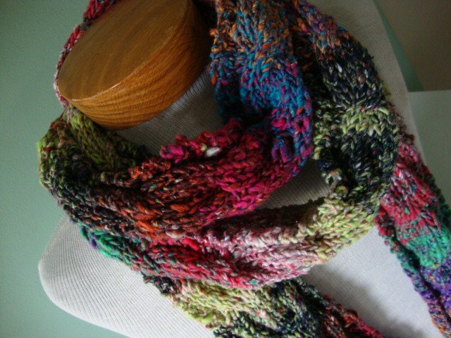 Traveling Cable handknit wool scarf, neon lime red purple orange blue, cotton wool silk fiber mix, super long and skinny